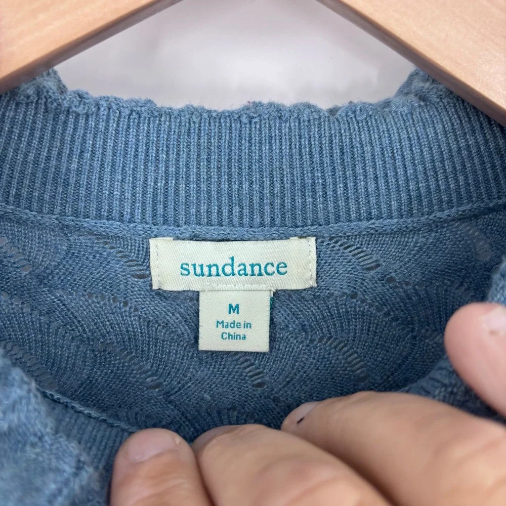 Sundance Frances Pointelle Ruffle Neck Long Sleeve Knit Sweater Womens M Blue